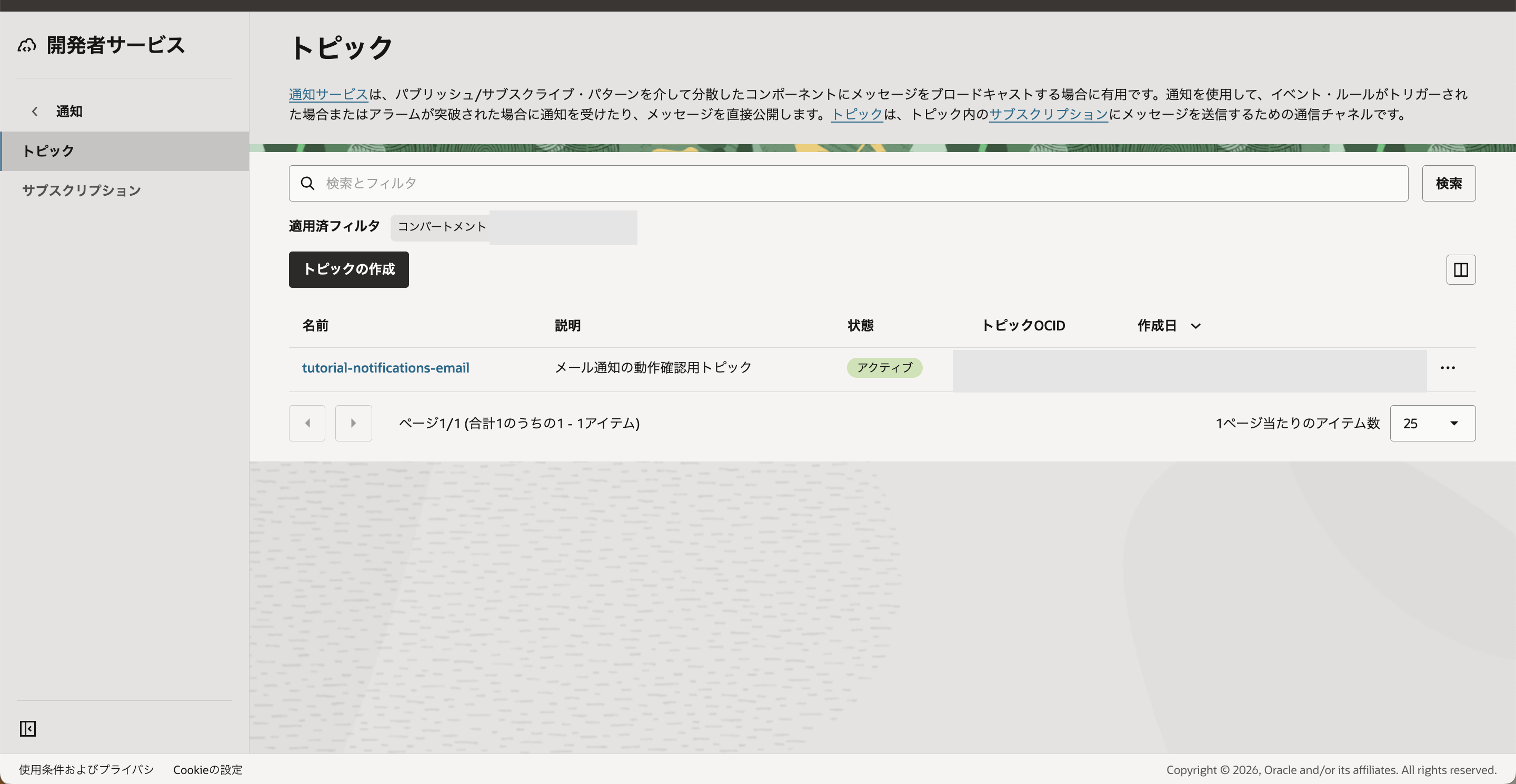 作成したトピックが一覧に表示された画面
