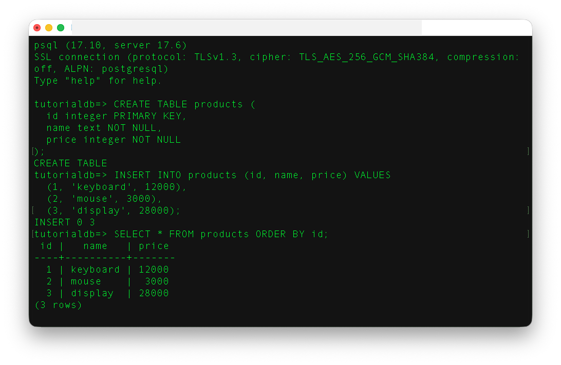 psqlで接続し、SQLを実行した結果