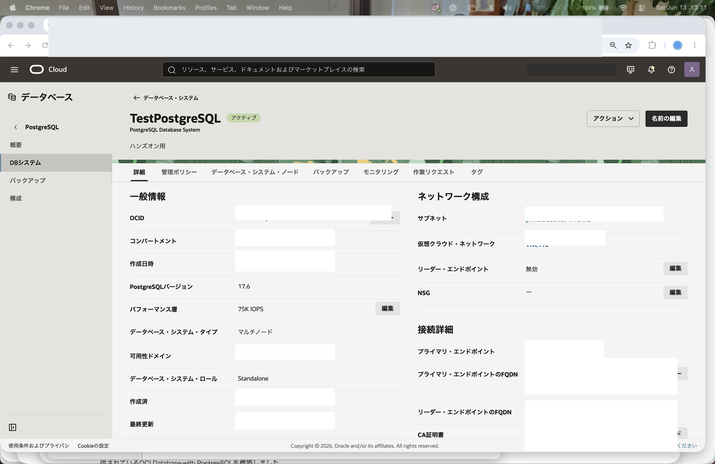 DBシステム詳細画面の「ネットワーク構成」でリーダー・エンドポイントが無効である画面