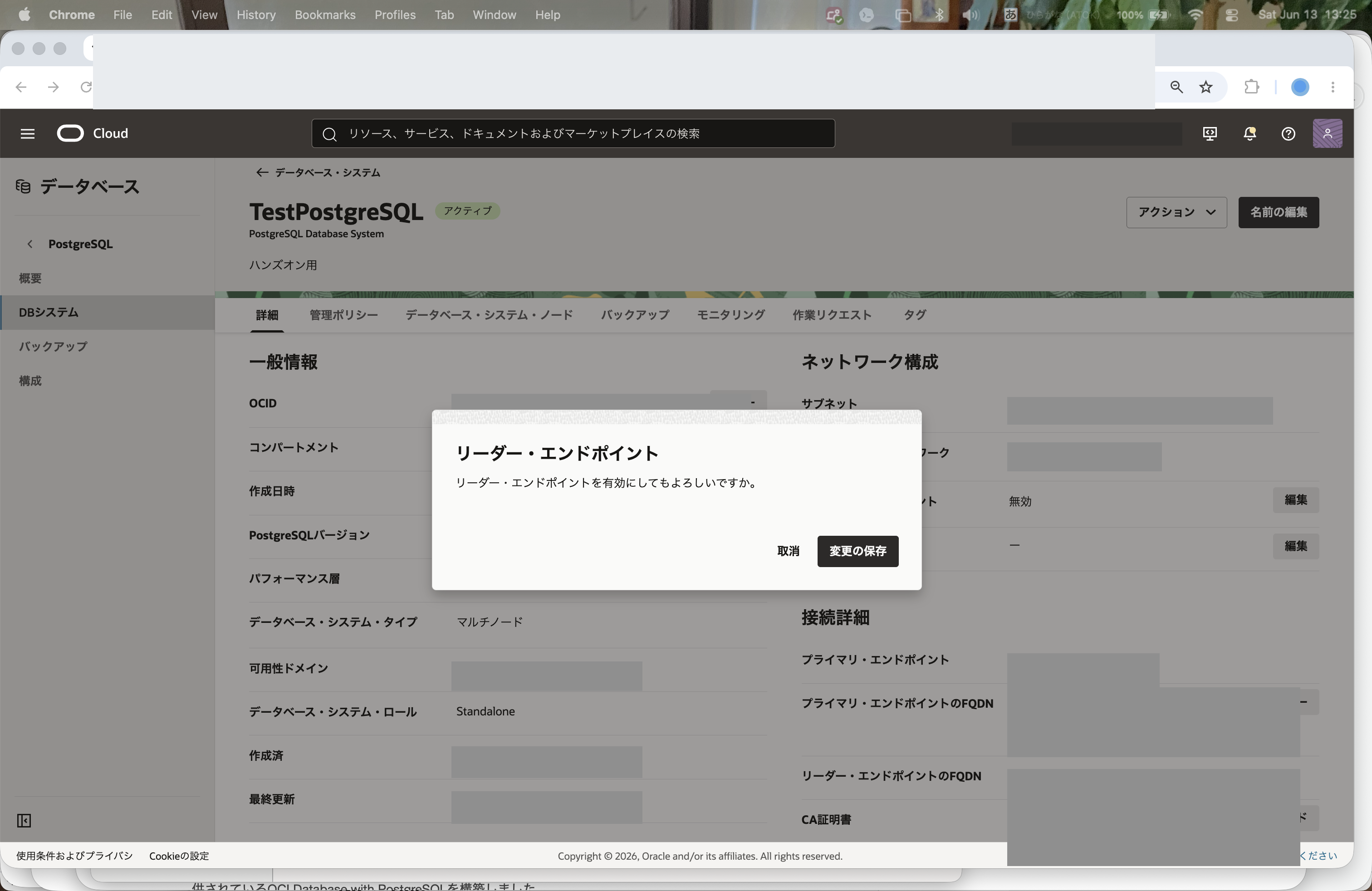 ネットワーク構成の編集画面で「リーダー・エンドポイントの有効化」をオンにする画面