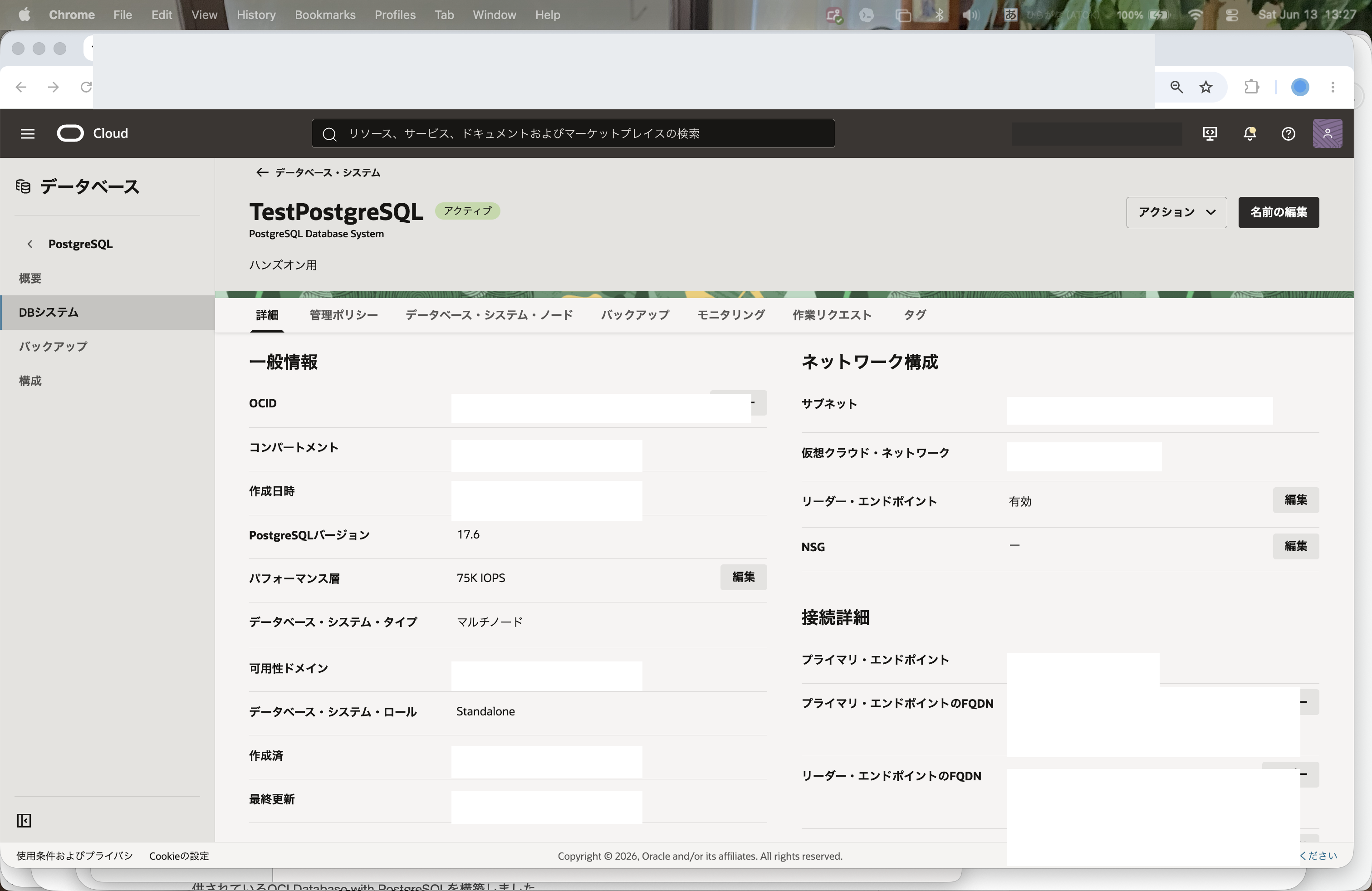 接続詳細に「リーダー・エンドポイントのFQDN」が表示されている画面