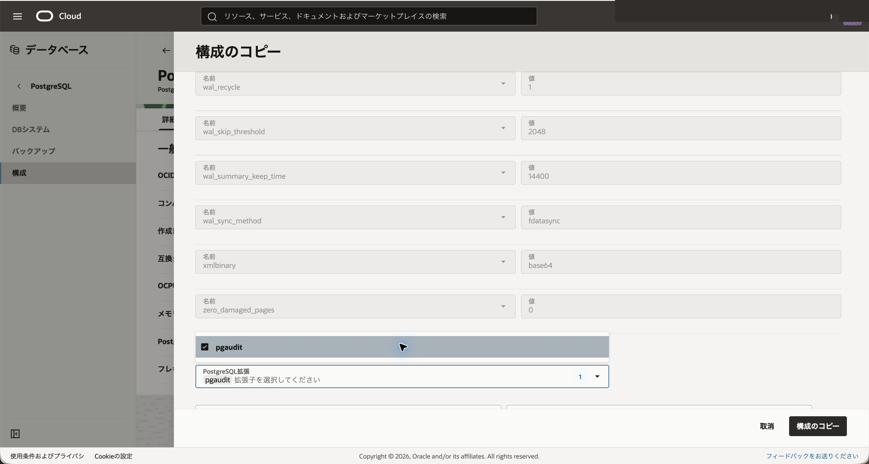 PostgreSQL拡張機能リストで pgaudit を選択した画面