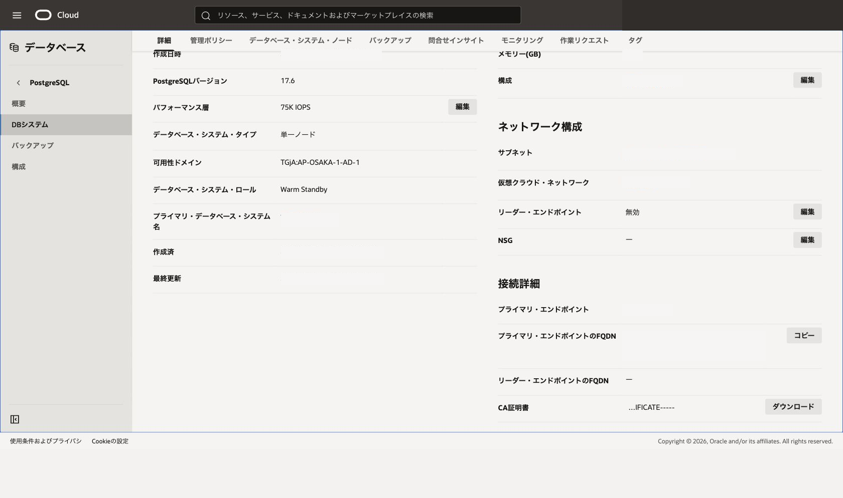 スタンバイDBシステム詳細画面のネットワーク構成と接続詳細