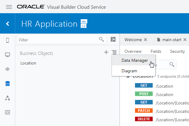 アーティファクト・ブラウザのメニューから「Data Manager」を選択