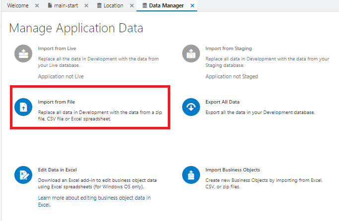 Data Manager タブ・ページで「Import from File」をクリック