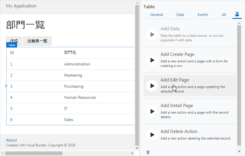 Departments ページの Table コンポーネントの Quick Start メニューから「Add Edit Page」をクリック