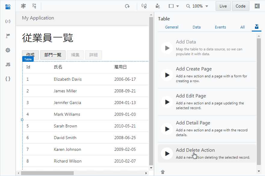 Employees ページの Table コンポーネントの Quick Start メニューから「Add Delete Action」をクリック